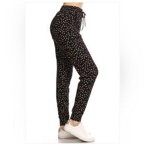 Black Multicolor Polka Dot Jogger Pants Drawstring Lounge Pants Medium